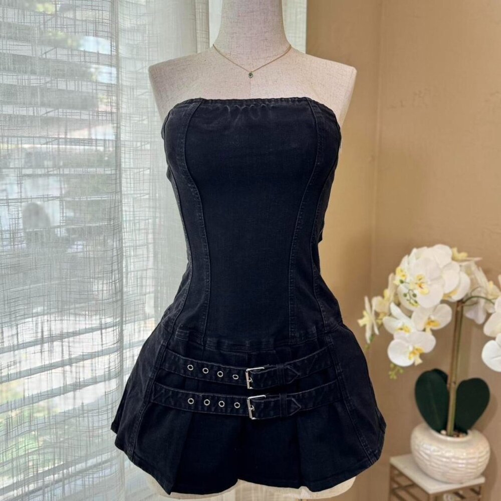 Women's Black Denim Mini Dress With Belt